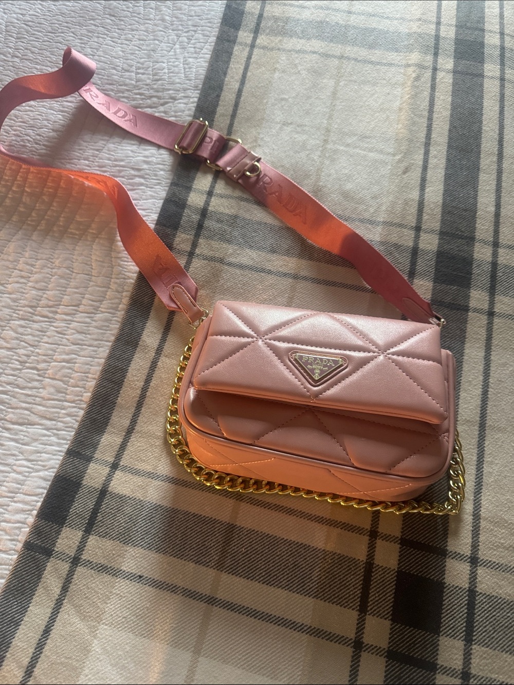 Faux Prada Pink Quilted Leather Crossbody with Gold Chain and Adjustable Strap